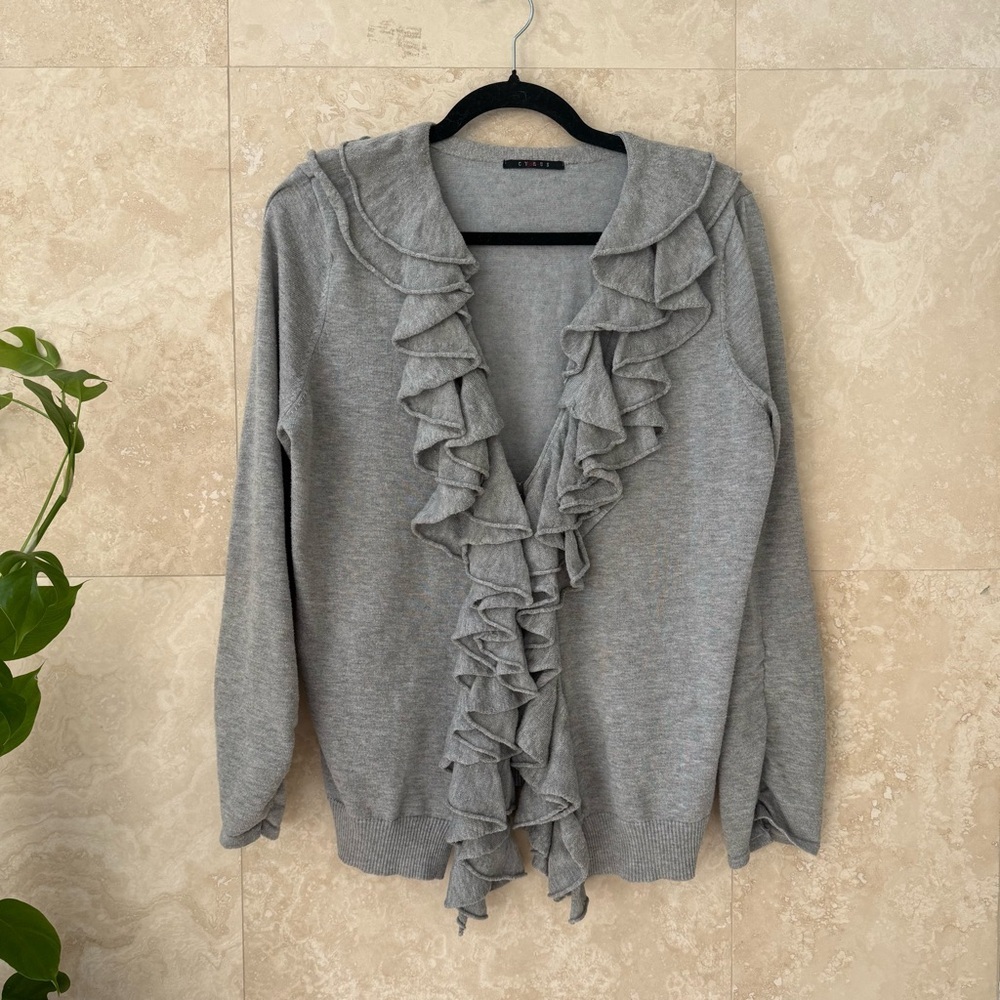 Cyrus Gray Ruffle Cardigan Waterfall Front Sweater Women’s Small
